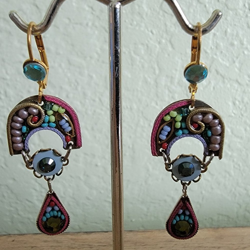 NEW ADAYA MOSAIC STYLE CRYSTAL, SEED BEADS MULTI COLOR LEVERBACK DROP EARRINGS